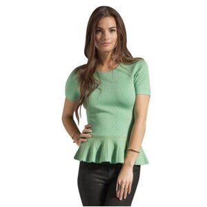 Torn By Ronny Kobo Womens Peplum Top‎ Green Geometric Crew Stretch Ruffles M
